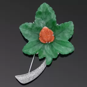 Estate 18K White Gold Green Jade, Red Coral & Diamond Frog Leaf Brooch Pendant