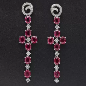 Estate 18K White Gold Ruby & 0.49 TCW Diamond Dangle Drop Earrings 6.1 Grams