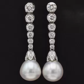 Estate 18K White Gold Sea Pearl & 1.48 TCW Diamond Drop Earrings