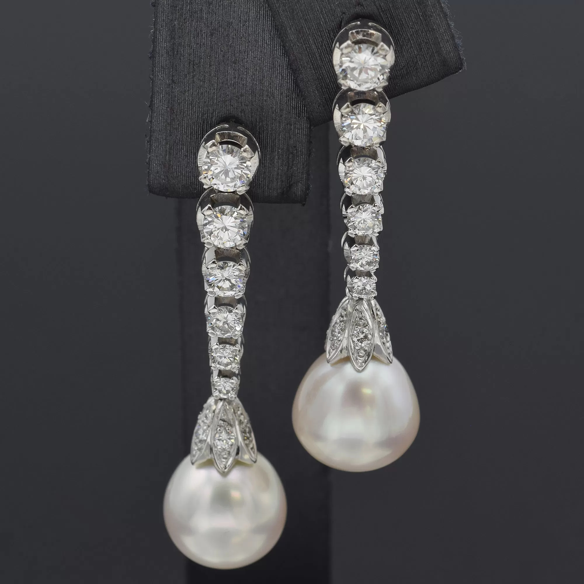 Estate 18K White Gold Sea Pearl & 1.48 TCW Diamond Drop Earrings