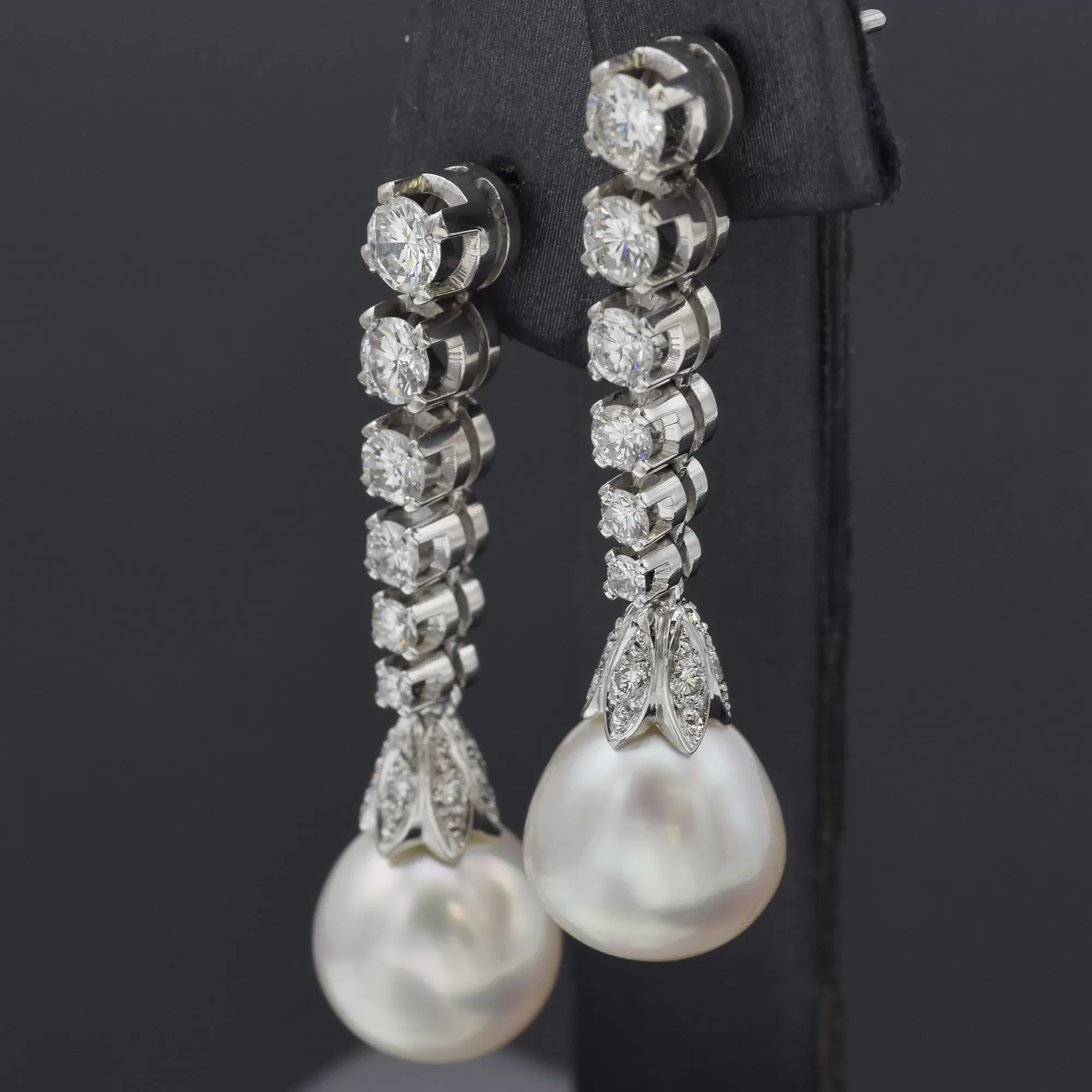 Estate 18K White Gold Sea Pearl & 1.48 TCW Diamond Drop Earrings