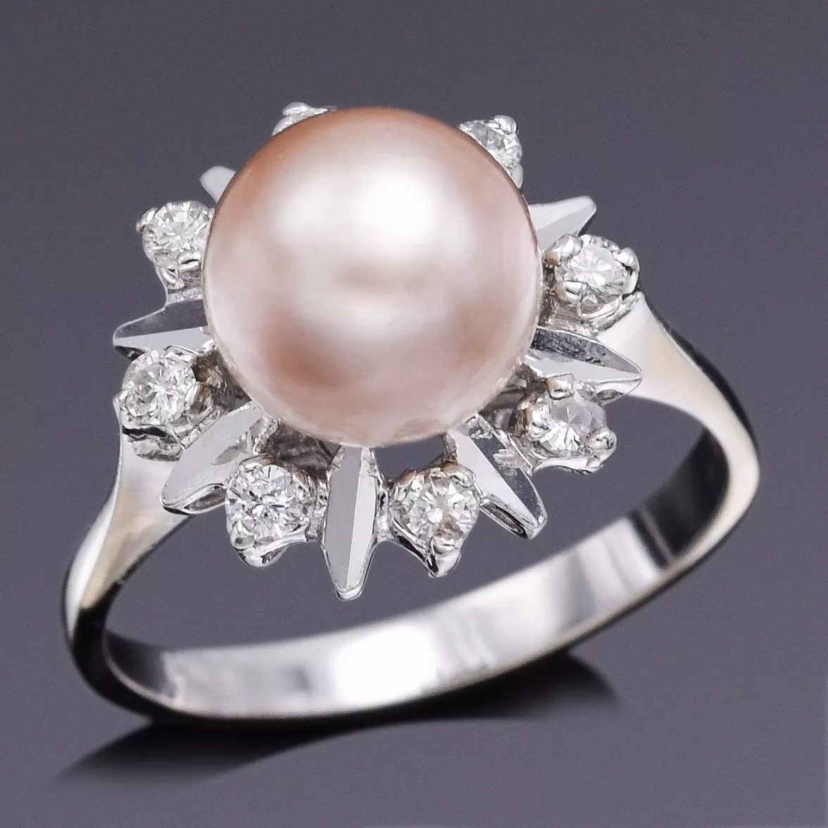 GIA Certified 18K Gold 8.57 mm Natural Saltwater Button Pearl & Diamond Band Ring