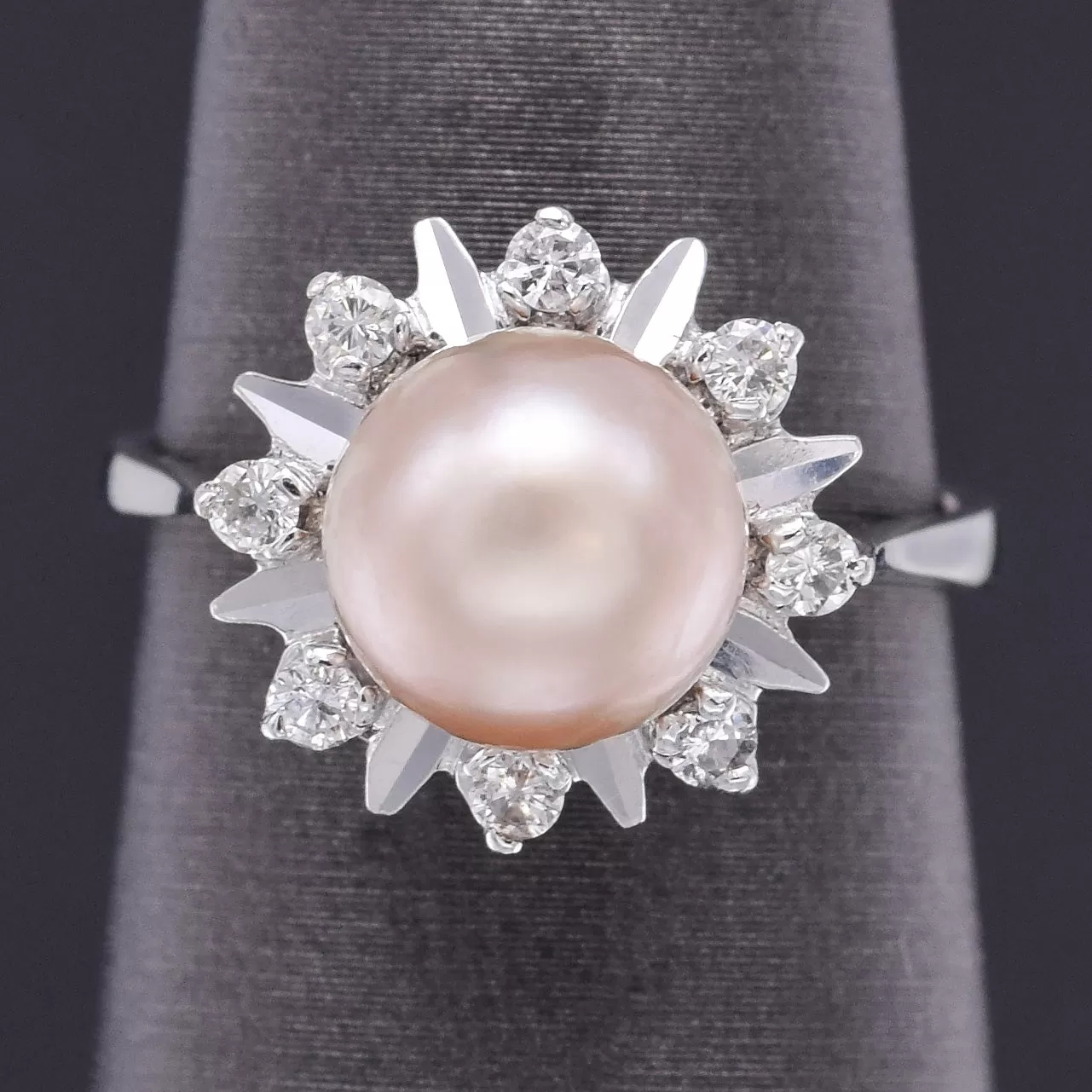 GIA Certified 18K Gold 8.57 mm Natural Saltwater Button Pearl & Diamond Band Ring