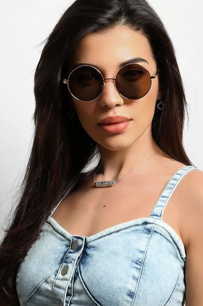 Gold Frame Brown Retro Round Aviator Sunglasses