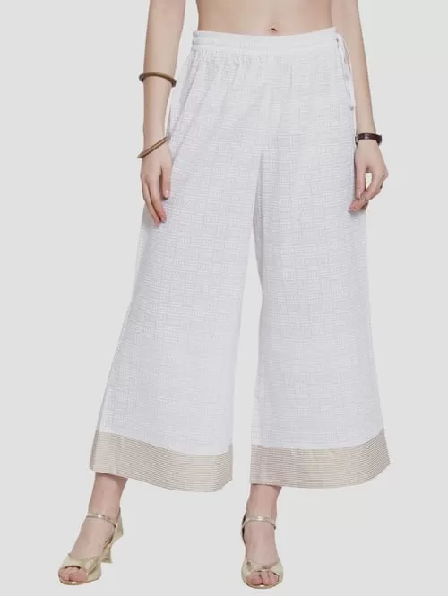 Gorgeous White Palazzo Pants With Self Design And Stipes Border