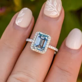 Halo Emerald Cut Light Aquamarine Blue Sterling Silver Engagement Ring