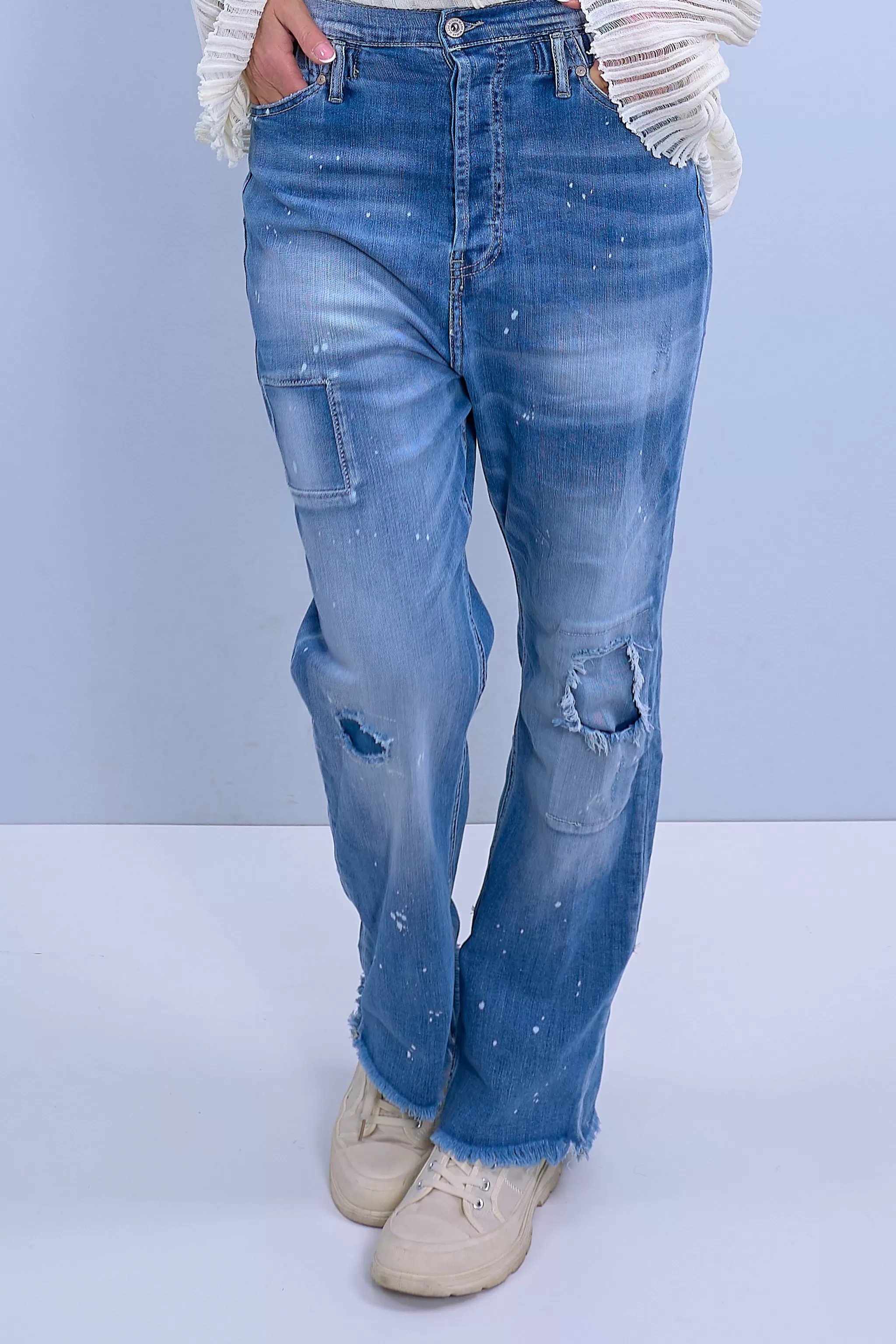 High Waist Jeans mit breitem Aufschlag, denim-blue