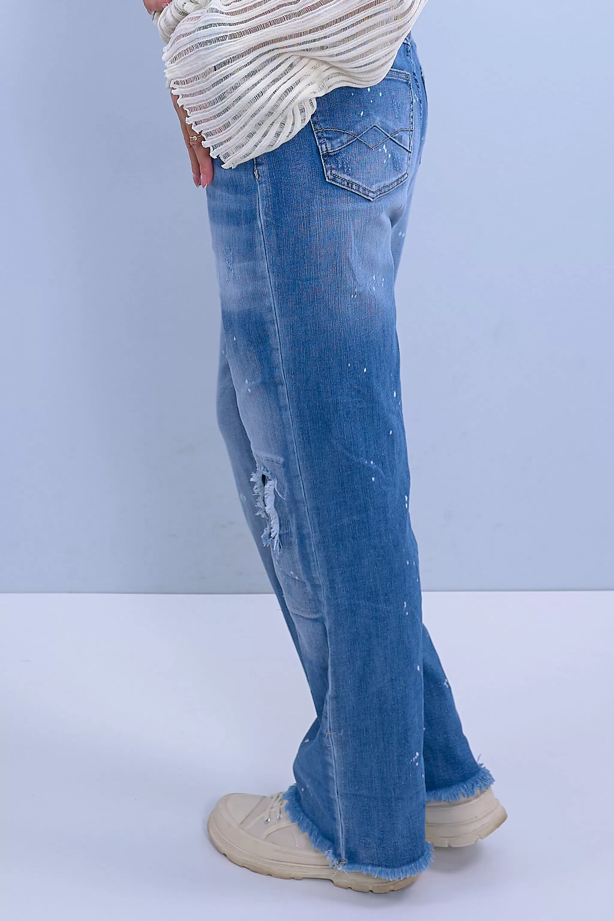 High Waist Jeans mit breitem Aufschlag, denim-blue