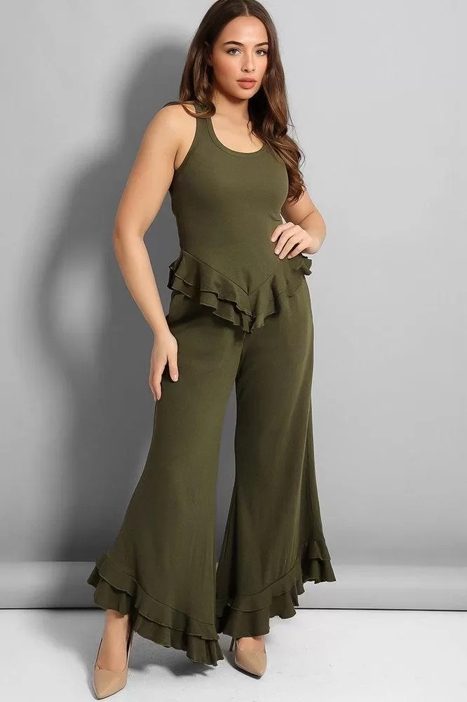 Khaki Frilled Wide Leg Lounge Set