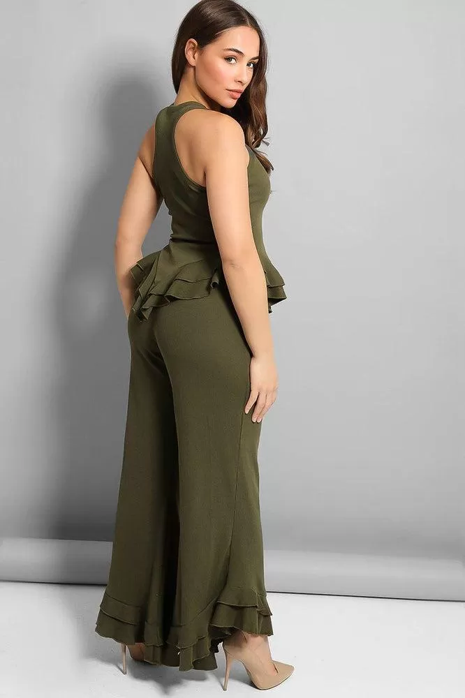 Khaki Frilled Wide Leg Lounge Set