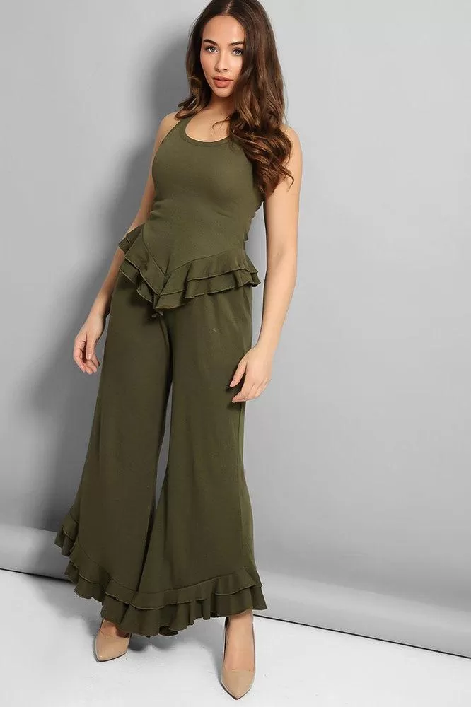 Khaki Frilled Wide Leg Lounge Set