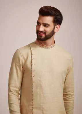 Manyawar Biscuit Kurta With Designed Collar