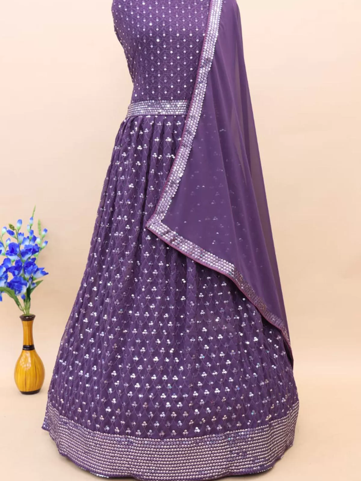 Odette Women Purple Partywear Embroidered Georgette Semi Stitched Anarkali Suit