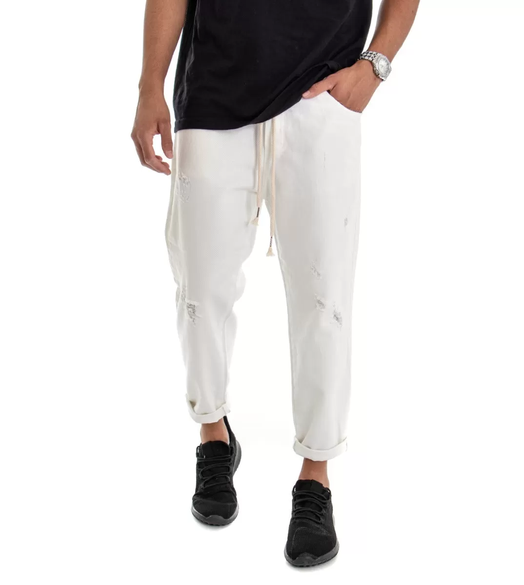 Pantaloni Jeans Uomo Regular Fit Bianco Pantalaccio Bull Con Rotture Casual GIOSAL-P3037A