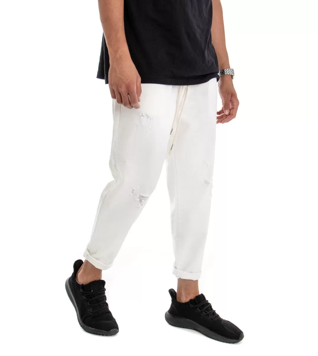 Pantaloni Jeans Uomo Regular Fit Bianco Pantalaccio Bull Con Rotture Casual GIOSAL-P3037A