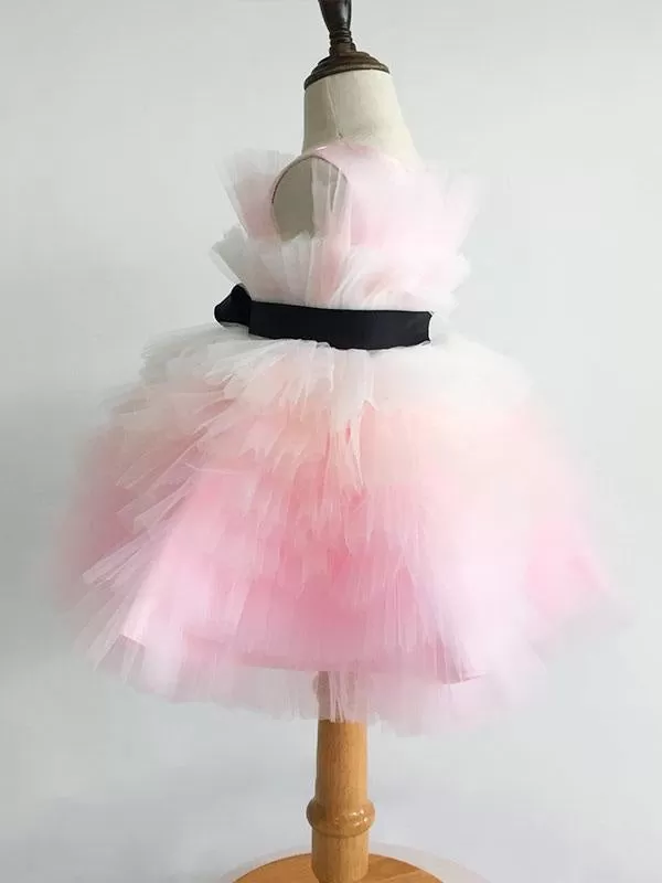 Pink Satin Short Princess Flower Girl Dresses Sleeveless Silhouette Kids Party Dresses