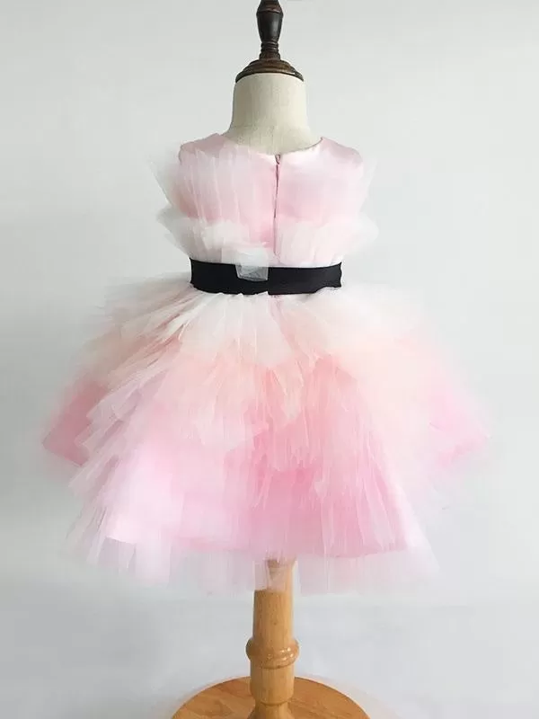 Pink Satin Short Princess Flower Girl Dresses Sleeveless Silhouette Kids Party Dresses