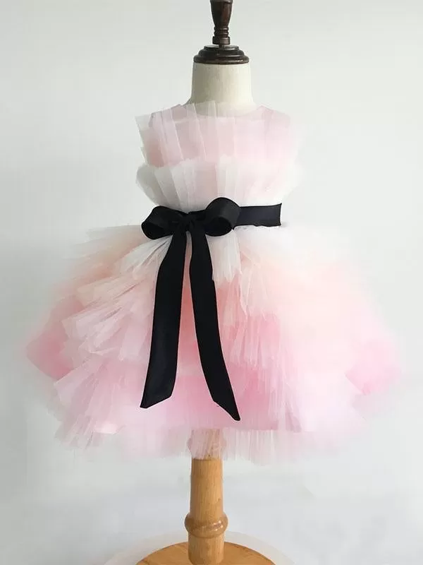 Pink Satin Short Princess Flower Girl Dresses Sleeveless Silhouette Kids Party Dresses