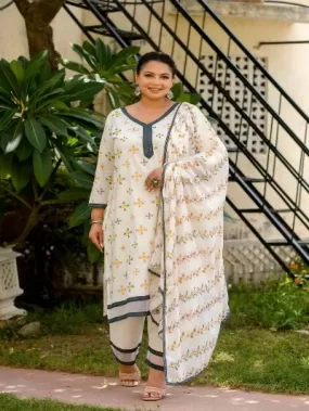 Plus Size White Cotton Jaipuri Print Readymade Salwar Suit