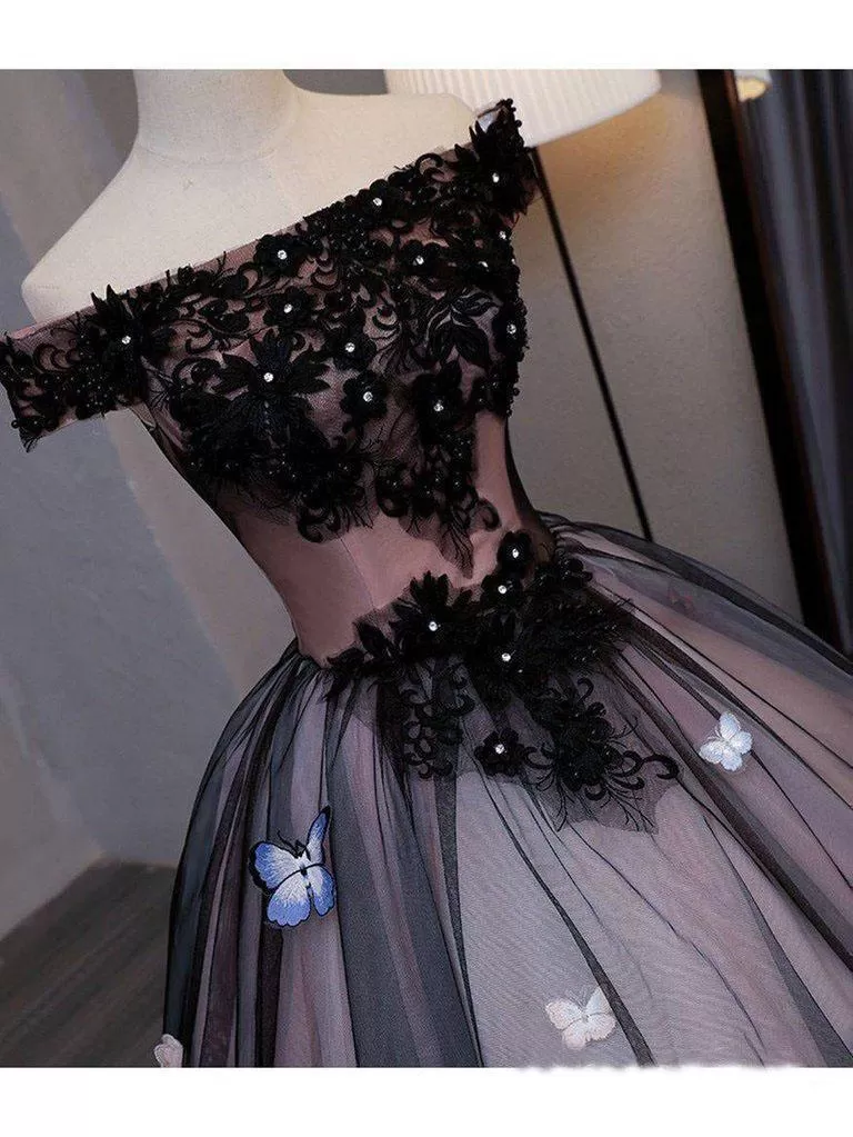 Princess Black Off the Shoulder Butterfly Appliqued Prom Dresses Quinceanera Dresses