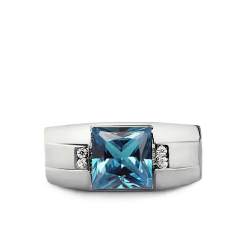 Real 18K White Gold Mens Ring Blue Aquamarine and 4 Diamond Accents Ring