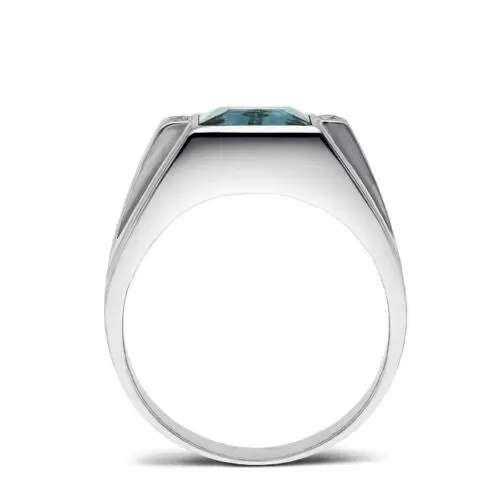 Real 18K White Gold Mens Ring Blue Aquamarine and 4 Diamond Accents Ring