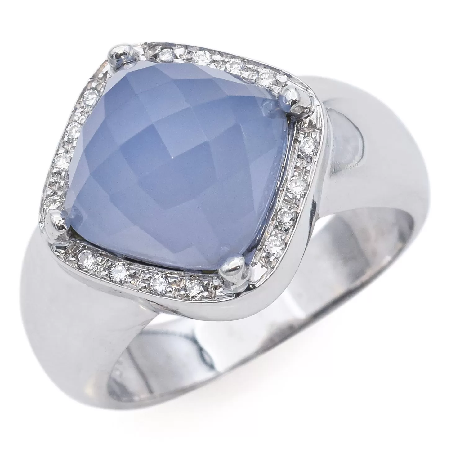 Rina Limon 18K White Gold 3.44 Ct Chalcedony & Diamond Cushion Band Ring Size 6