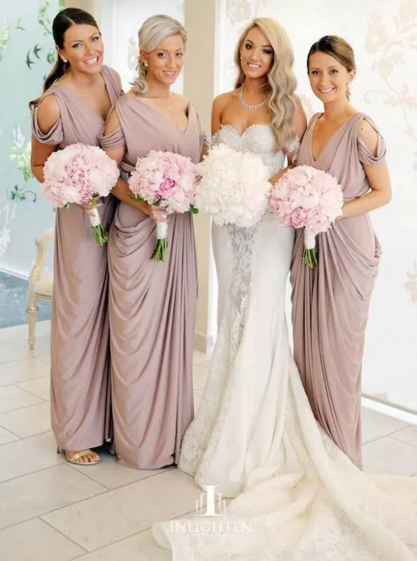 Sheath V-Neck Cold Shoulder Ruched Purple Satin Bridesmaid Dress