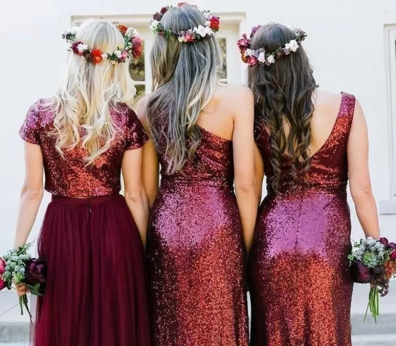 Shiny Burgundy Sequins Long Mismatched Bridesmaid Dress