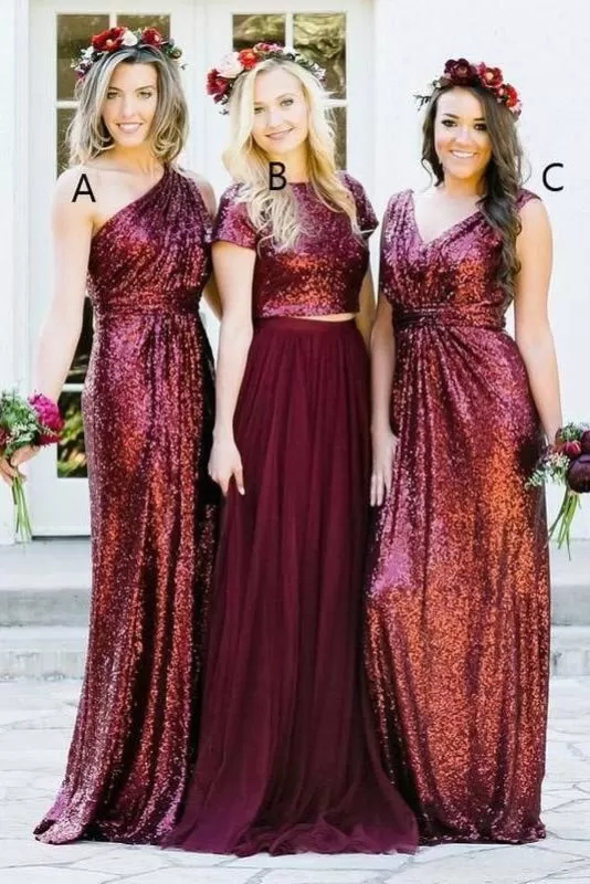 Shiny Burgundy Sequins Long Mismatched Bridesmaid Dress