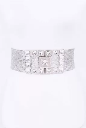 Silver Metallic Elastic Embellished Belt