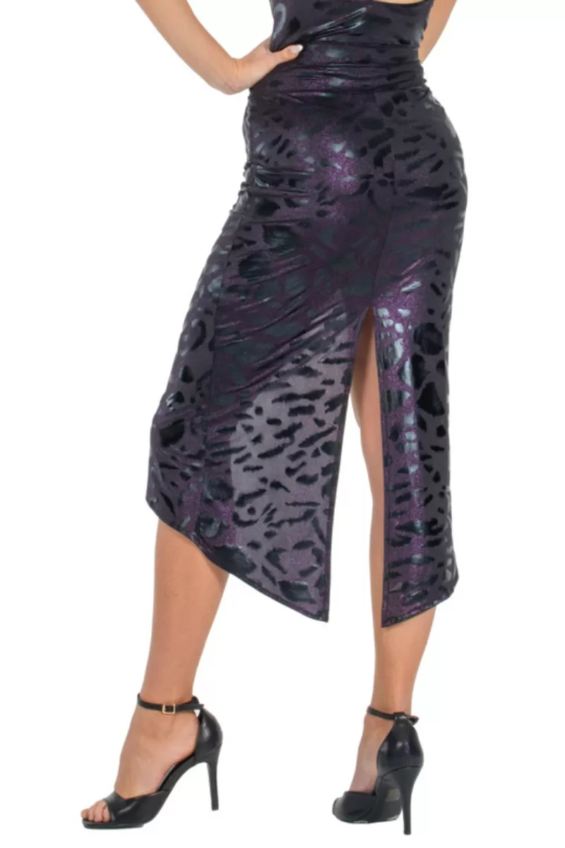 Sparkling Eggplant Animal Print Tango Skirt With Curved Front Slit