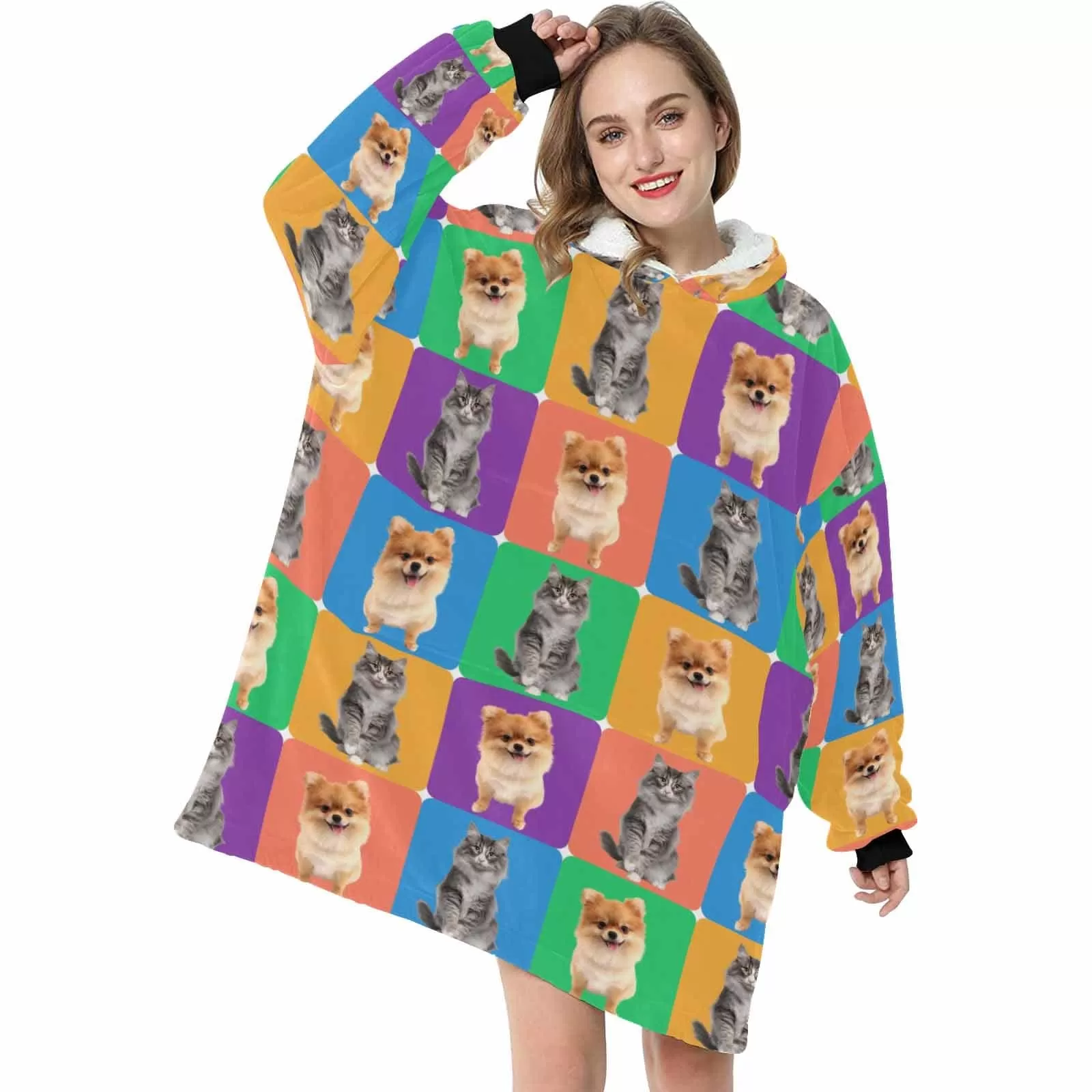 Wearable Blanket Custom Pet Faces Small Grid Blanket Hoodie for Women Personalized Oversized Hoodie Fleece Blanket Photo Gifts