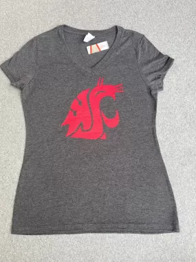 Womens screen printed dark Heathered  Grey WSU V-Neck T-Shirt