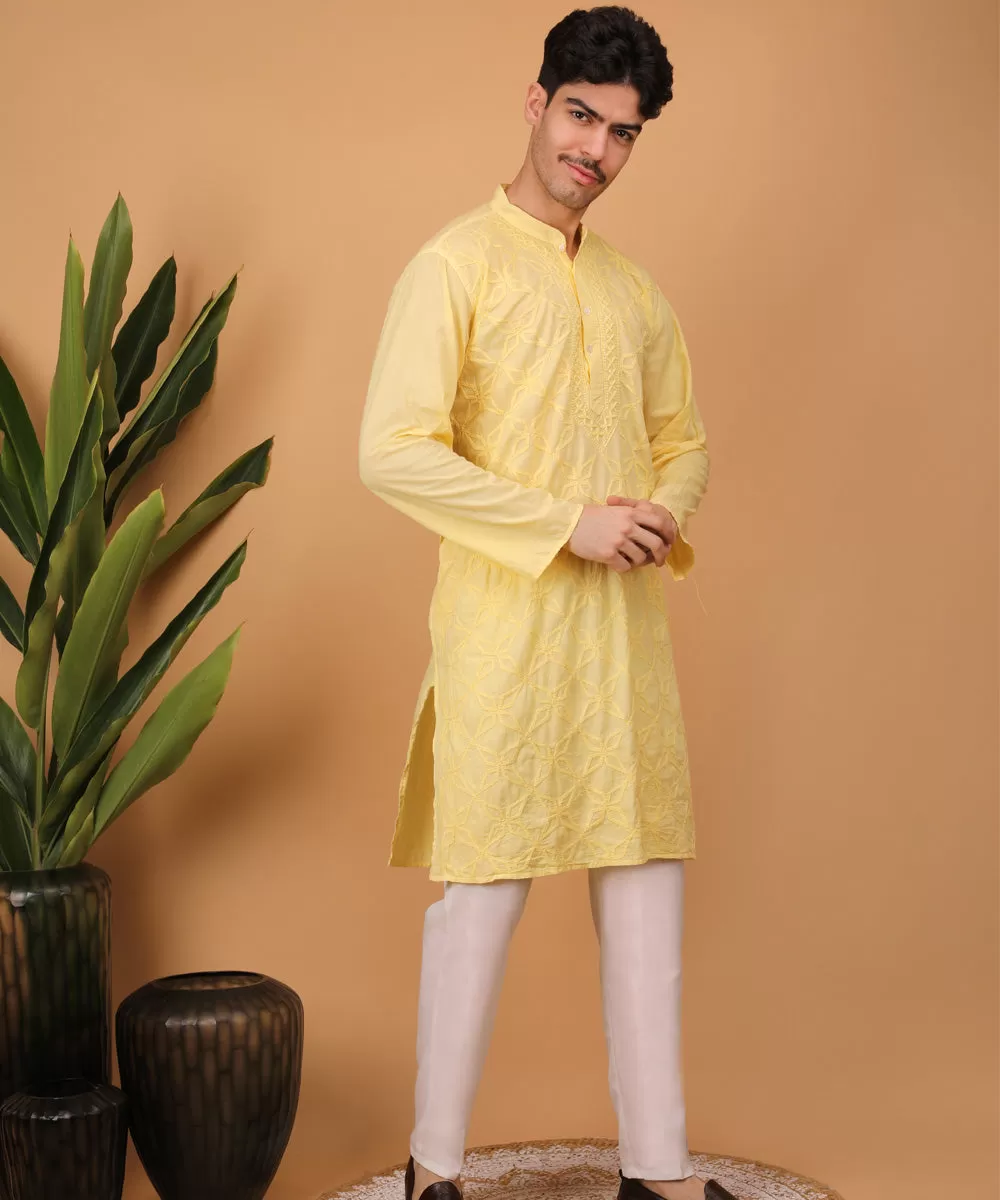 Yellow cotton hand embroidery chikankari kurta