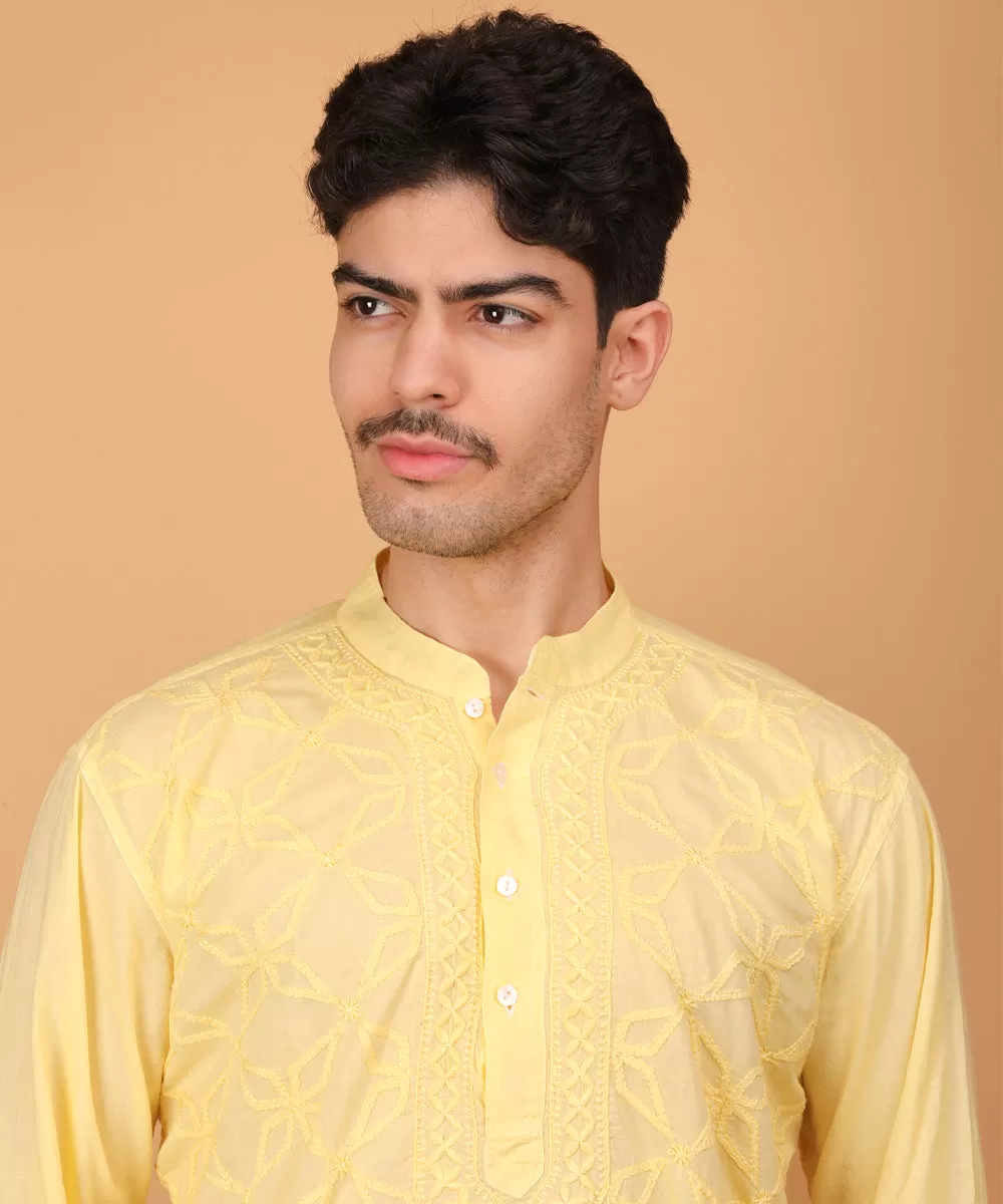 Yellow cotton hand embroidery chikankari kurta